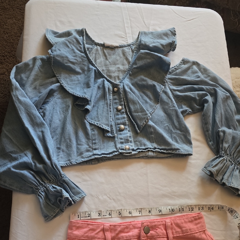 Light Blue Ruffle Denim Crop Top